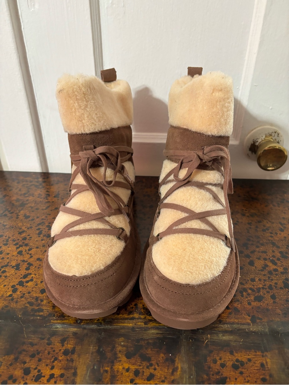 BearPaw Brown Suede and Cream Faux Shearling Booties